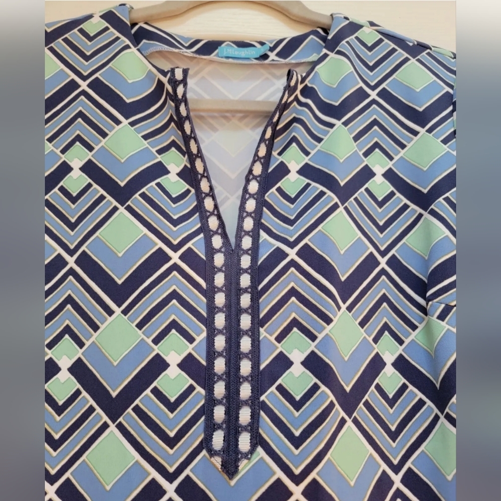J. McLaughlin Catalina Cloth Tunic Top Women's Small Blue Green Split Neck Shirt - Picture 2 of 8